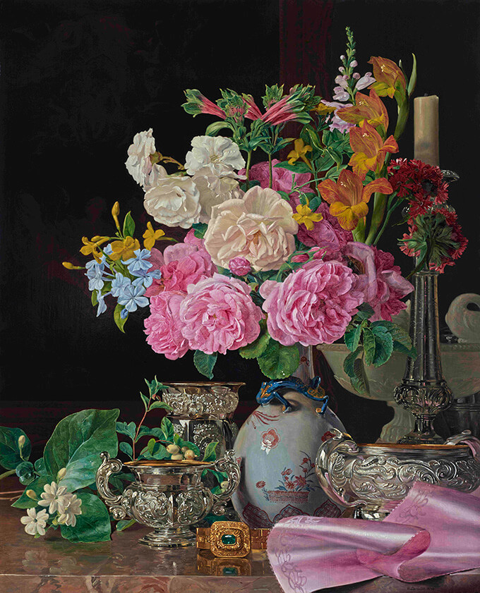 フェルディナント・ゲオルク・ヴァルトミュラー『磁器の花瓶の花、燭台、銀器』(1839)