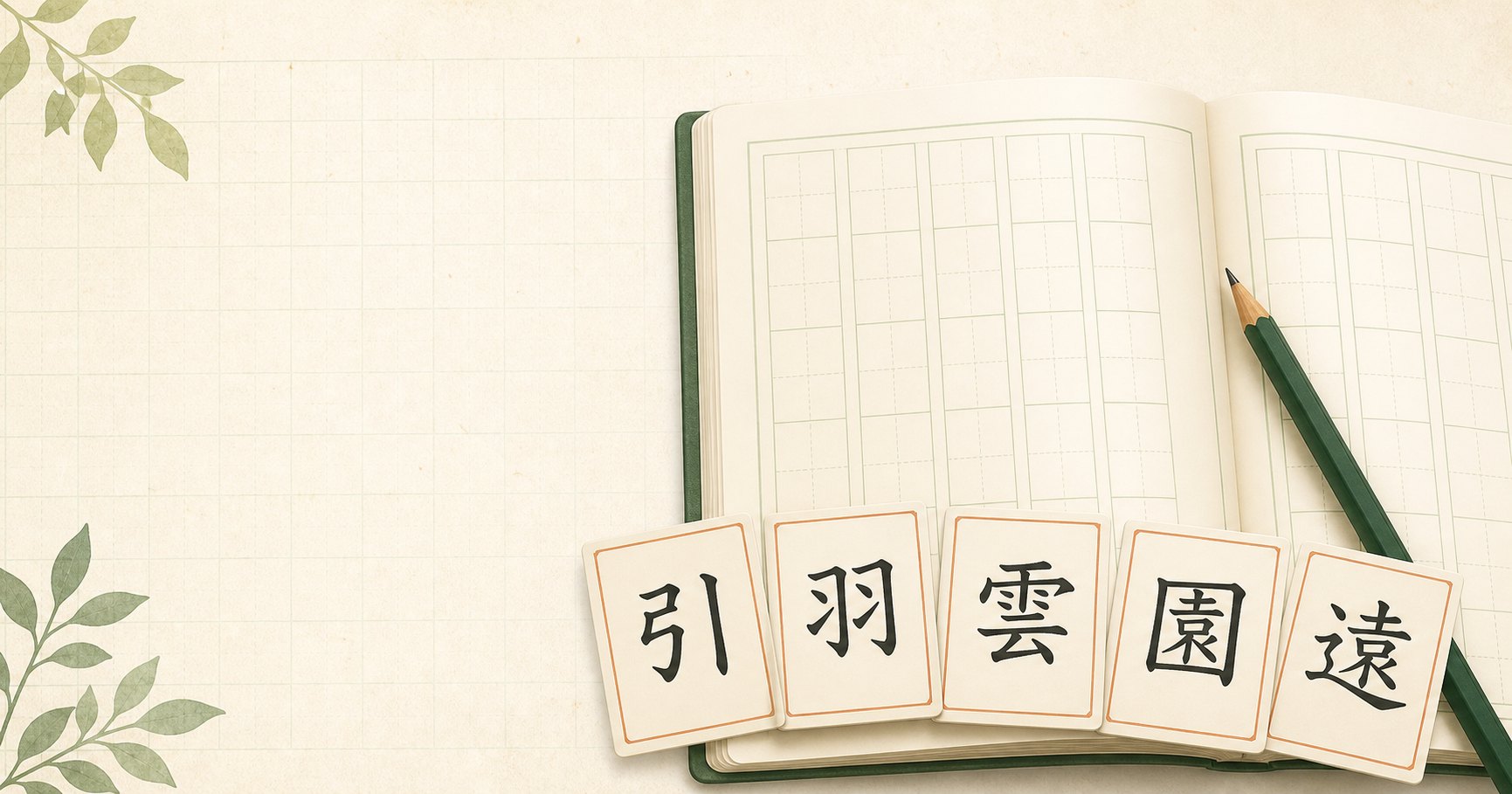 漢字練習帳と、引・羽・雲・園・遠の漢字カード